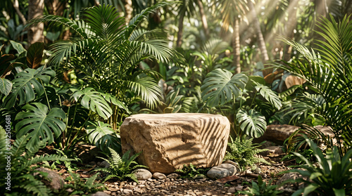 Weathered stone pedestal centrally placed amidst a vibrant, sun-dappled tropical jungle, bathed in natural light, ideal for product showcases or tranquil nature scenes