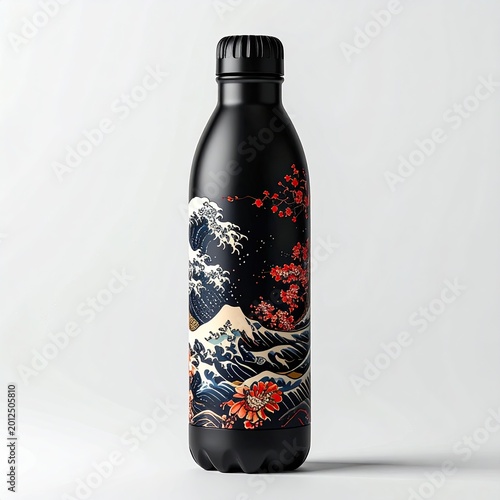 Black bottle with Japanese wave art