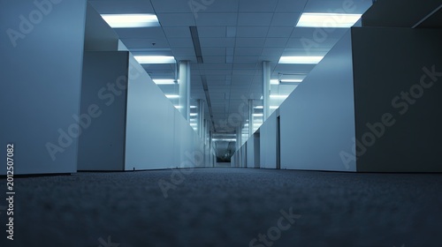 Empty corporate office corridor featuring rows of cubicles under bright artificial light, creating a sense of solitude and modern architecture in the workplace environment