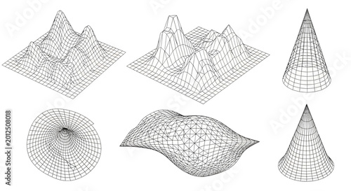 Wireframe 3D Shapes: Topography, Cone, Abstract Surface