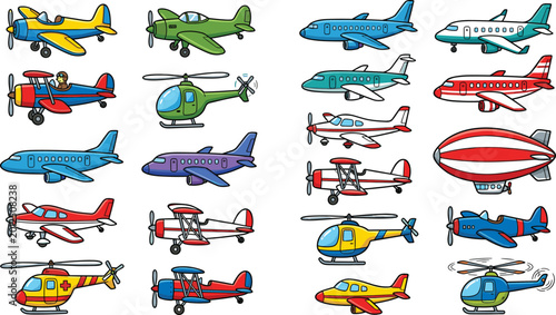 Photos A vibrant collection of cute cartoon style vector illustrations featuring a variety of aircraft including airplanes, helicopters, biplanes, commercial jets, and a blimp isolated on a white background