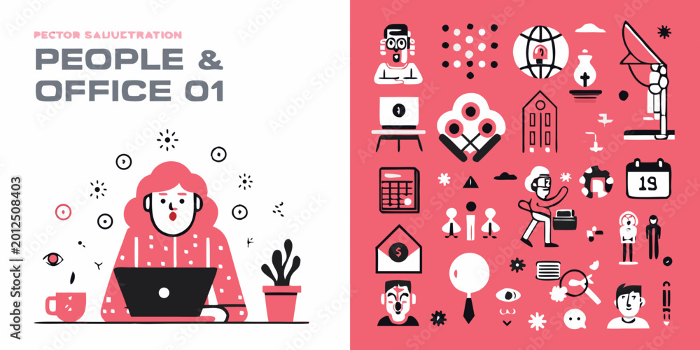 Obraz premium vector illustration of people and office elements pink and red