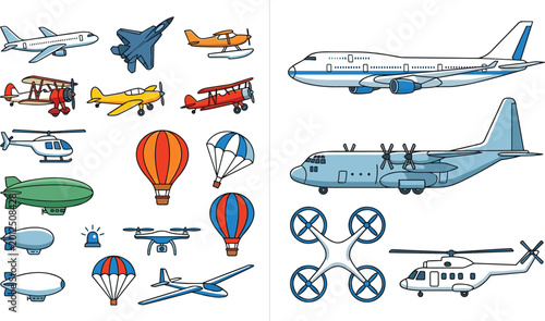 Photos Detailed flat line vector illustration collmercial airplanes, fighter jets, heli