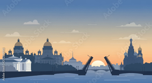 Saint Petersburg skyline at sunset, drawbridge in center, river view