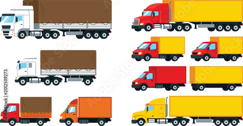 Slika na platnu tarpaulin covers, heavy freight lorries, and smaller delivery vans isolated on white