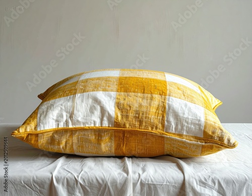 Yellow and white checked pillow on white cloth