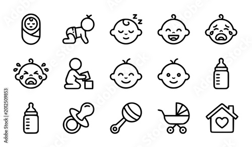 Εκτύπωση καμβά Cute baby icon set black and white infant toddler vector collection