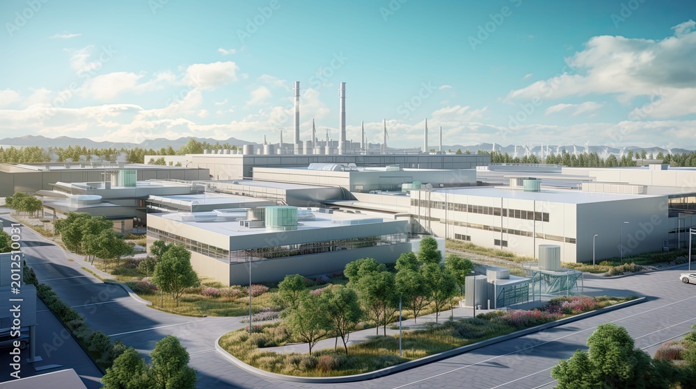 Naklejka premium Modern factory complex with multiple buildings and green spaces, demonstrating sustainable industry practices and renewable energy sources like wind turbines and power plants in the background