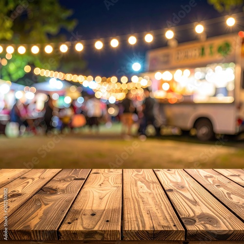 Wooden table foreground, night food market scene