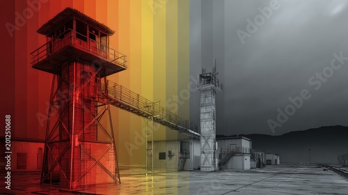 Observation tower watching over a deserted perimeter, illustrating the concept of surveillance, security, control, and a significant transition from vibrant color to monochrome
