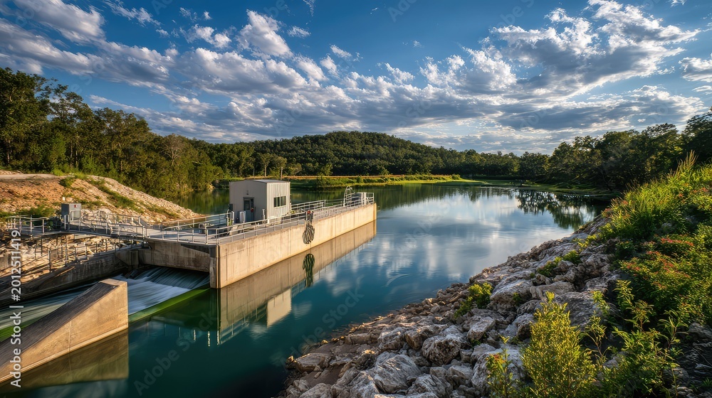 Fototapeta premium Dam structure with a building on top creating a tranquil reservoir, reflecting the sky and clouds, surrounded by lush green trees and natural landscape under a bright sunny day