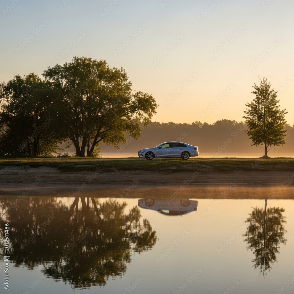 Fototapeta premium Car on waterside road at sunrise with tree reflections tranquil scene
