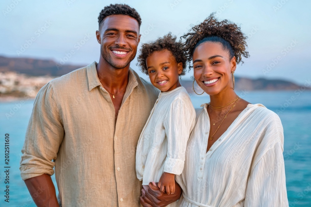 Obraz premium Happy mixed-race family portrait at the beach: smiling parents and child enjoying a seaside vacation