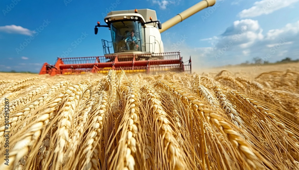 Fototapeta premium Combine Harvester Gleaning A Field Full Of Ripe Wheat Under A Bright August Sunlit Sky