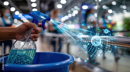 Disinfectant spray attacking glowing virus particles above a surface, symbolizing hygiene safety