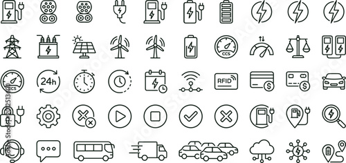 Electric vehicle charging infrastructure line icon set for smart mobility dashboard ui energy monitoring and station management