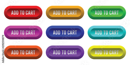 A collection of nine distinct buttons with the text 'add to cart' in various colors such as red orange yellow green blue purple designed for, colorful