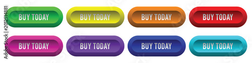 A set of nine colorful buttons with the text 'buy today' in a variety of bright colors including red orange yellow green blue purple, colorful