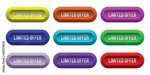 A collection of nine button graphics with the text 'limited offer' in a variety of colors including yellow green blue purple red colorful marketing
