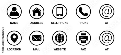 Photos Outline contact information icons set represents common communication methods for business featuring name, location, cell phone, phone, email, address, website, and fax