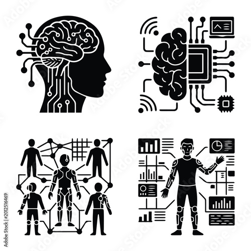 Bild auf Leinwand Brain computer interface and human augmentation cybernetic glyph icons set