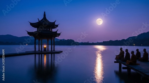 Golden Buddhist temple under giant full moon