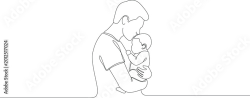 Continuous line drawing of father holding and kissing baby son. Minimal line art. Clean vector illustration
