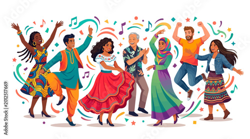 A diverse group of people celebrating World Cultural Diversity Day with dancing and joyful expressions, illustrated in a vibrant vector design against a clean white background, promoting