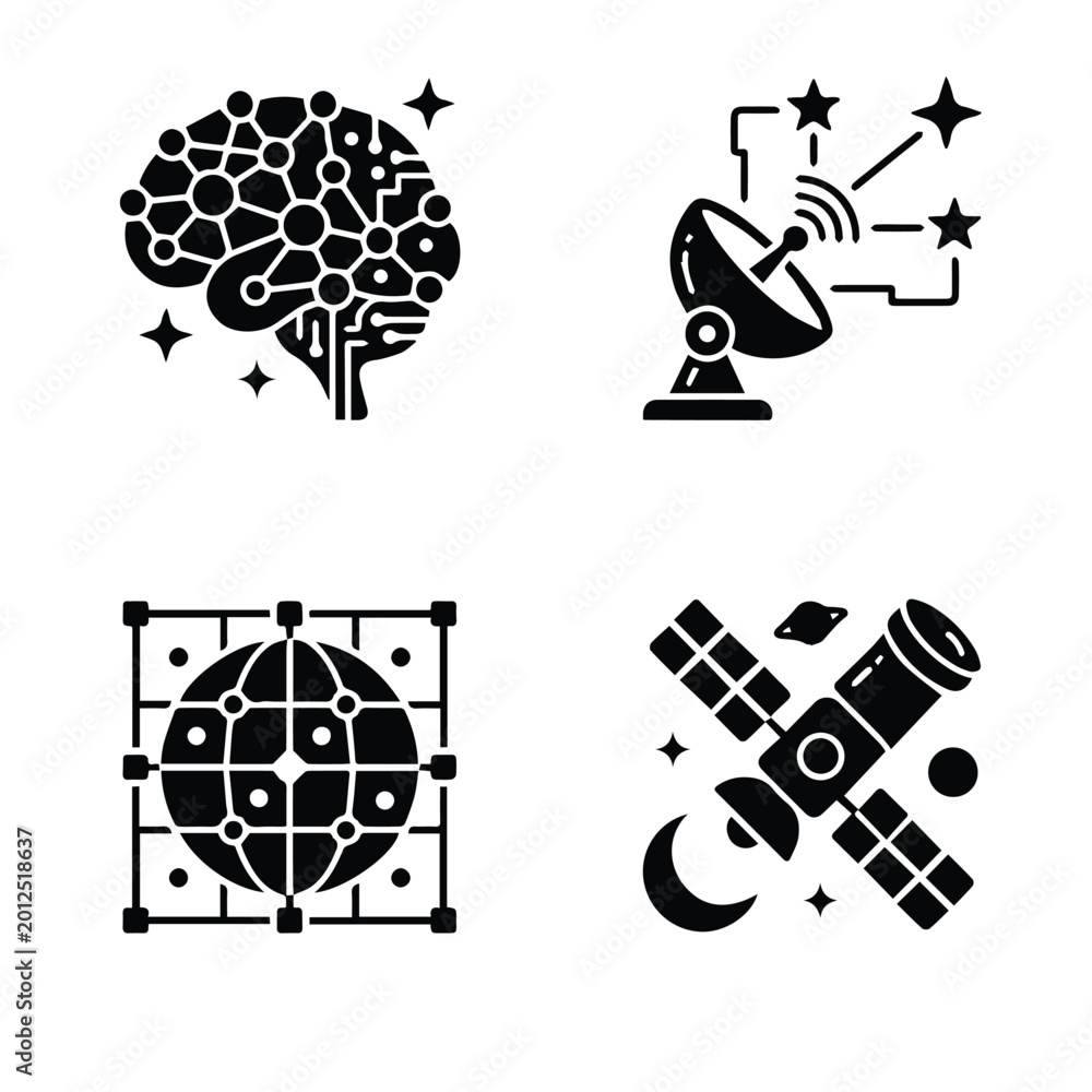 Fototapeta premium Set of four modern technology and space exploration icons with technology