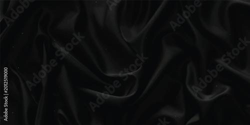 Elegant black silk and satin fabric texture creates a smooth shiny textile backdrop with soft luxury waves of drapery material for fashion decoration and elegant bedding backgrounds