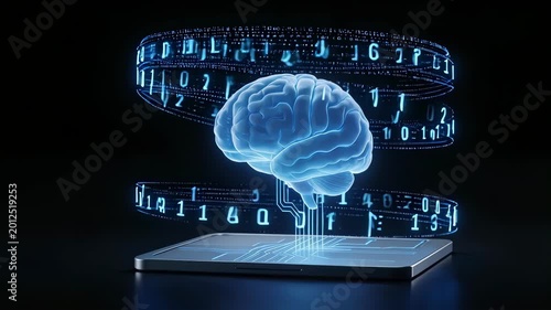 Blue brain with binary code on tablet