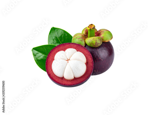 Ripe mangosteen and juicy plums against a white background.