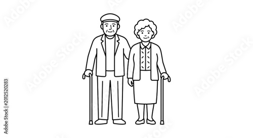фотографія A heartwarming vector image of an elderly couple standing together with walking canes representing long-term partnership, love, and aging gracefully with companionship in retirement