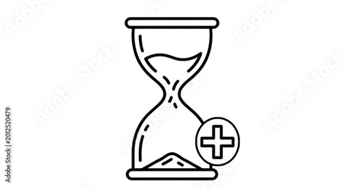 Fotografie A minimalist black and white vector image featuring a classic hourglass with sand flowing and a plus sign symbol for time management