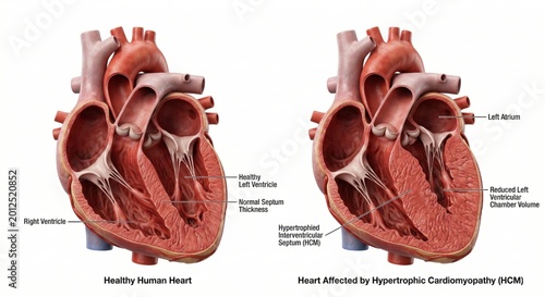 Hypertrophic cardiomyopathy comparison anatomy visualization exhibiting pathological thickening of left ventricular wall representing severe structural cardiovascular disease science