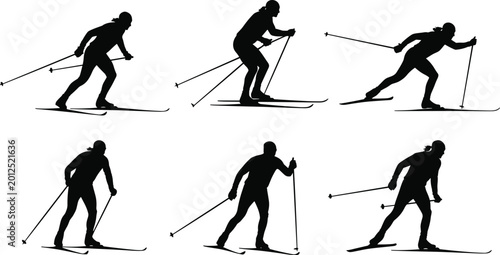 Bild auf Leinwand Professional Cross Country Skier Silhouette Set with Athletes in Motion, Skiing