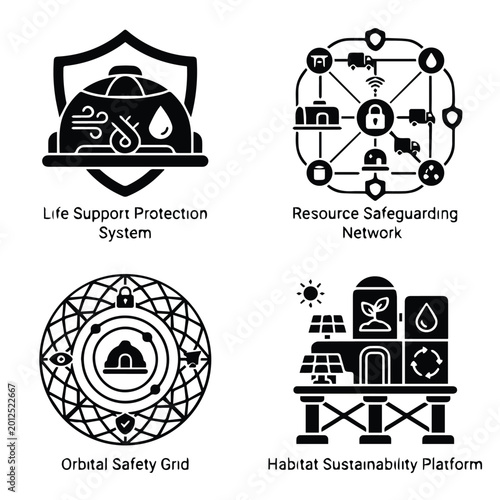 Foto Space habitat infrastructure icon set for colonization and life support