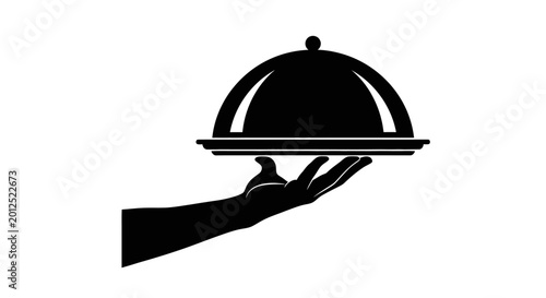 Tableau sur toile Food presentation icon, serving dish symbol, restaurant cloche, hand holding pla