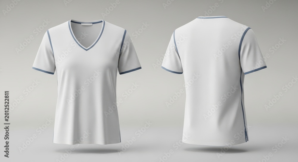 Fototapeta premium Minimalist white v-neck t-shirt with subtle trim detailing shown from front and back views.
