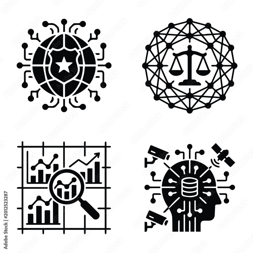 Fototapeta premium Digital security justice system data analysis AI surveillance icons