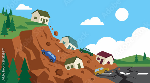 Photos Landslide natural disaster illustration showing houses, cars, and cracked earth