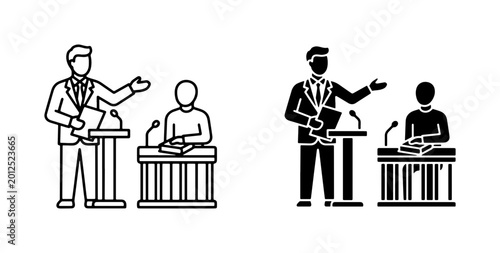 Legal Presentation Icons, Courtroom Debate Graphics, Justice System Vector Symbols, Advocacy and Law Enforcement Concepts