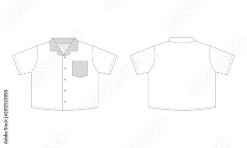 White Short Sleeve Camp Shirt Flat Sketch Illustration, Technical Drawing, Front and Back Views