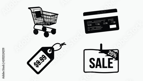 Canvas Print Black and white shopping icons including a cart, credit card, price tag, and sal