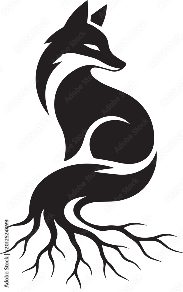 Obraz premium Black fox silhouette, root system, vector icon, wildlife symbol