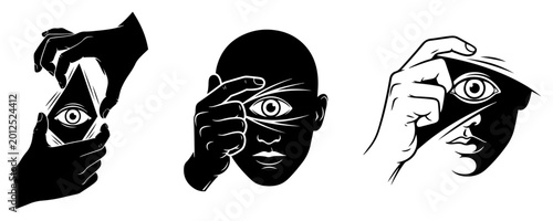 Foto Human face with all seeing eye revealed by hands through triangular opening mini