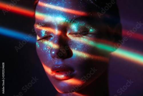 A person’s face is illuminated with vibrant, overlapping light patterns resembling a galaxy. It appears to be a studio shot utilizing projected lights and makeup for an artistic effect.