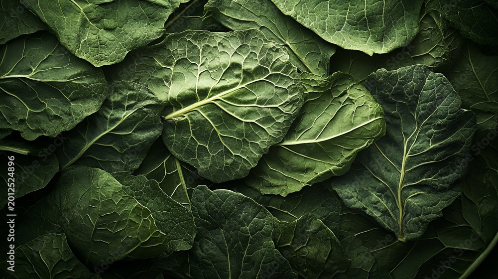 Fototapeta premium Vibrant Green Collard Leaves with Crisp Textures and Intricate Patterns of Dehydration Up Close