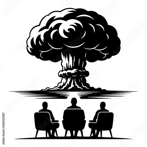 Konstfotografi Three people sitting in armchairs watching giant nuclear mushroom cloud explosio