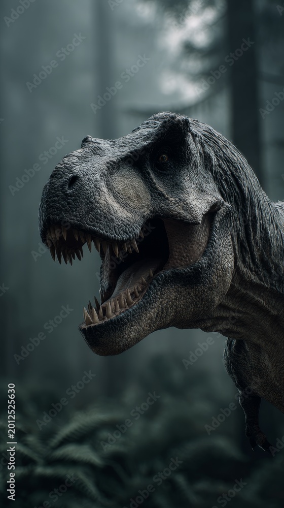 Fototapeta premium close up of angry tyrannosaurus in misty forest